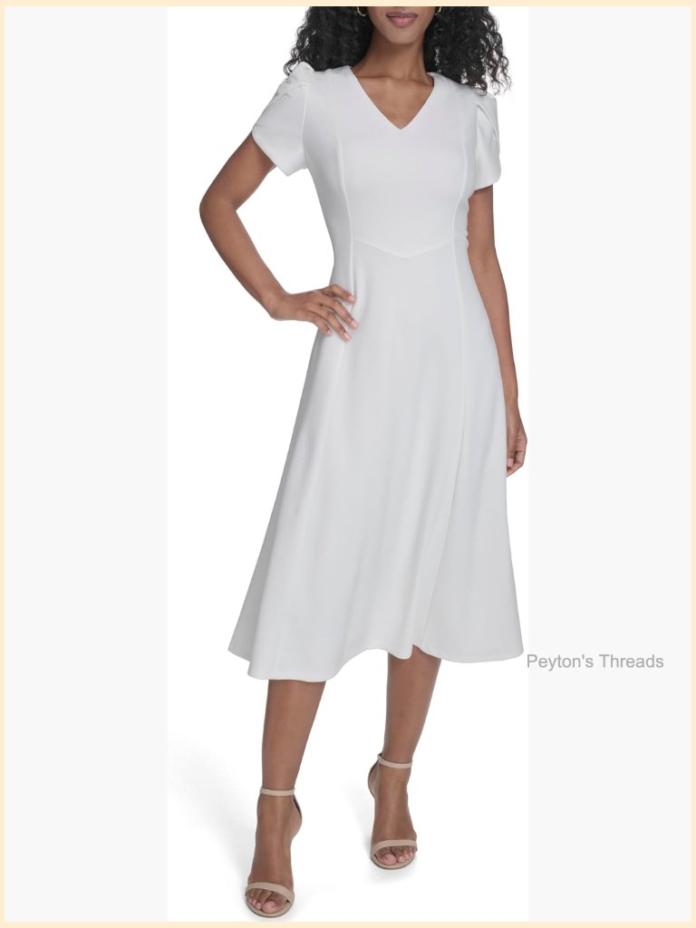 Tulip Sleeve Scuba Crepe A-Line Midi Dress With Zipper Closure